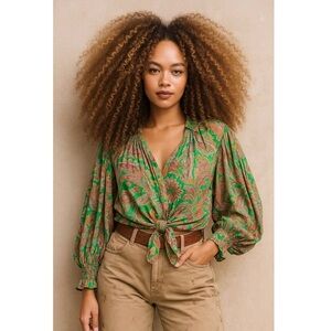 LOVE THE LABEL Floral‎ Paisley Puff Long Sleeve Ruffle V-Neck Tie Front Top XS